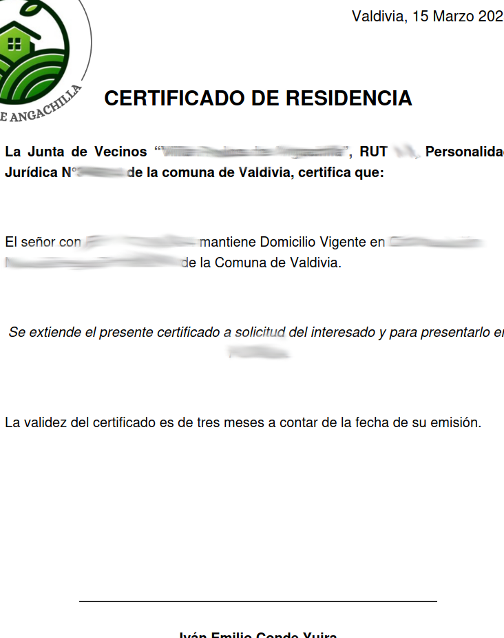Vista previa de un certificado de residencia generado por la plataforma Mi JJVV
